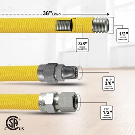 Gas Connector Kit 36 inch Yellow Coated Stainless Steel, 5/8” OD Flexible Gas Hose Connector for Gas Range, Furnace, Stove, 1/2” FIP x 3/8” MIP Stainless Steel Fittings, 36” Gas Appliance Supply Line