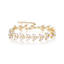EVER FAITH Cubic Zirconia Tennis Bracelets for Bride Simulated Pearl Marquise Leaf Bracelet for Women Prom, Cubic Zirconia, Cubic Zirconia