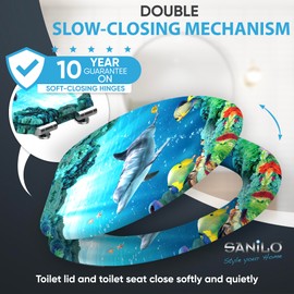 SANILO Wooden Toilet Seat with Soft Close [ELONGATED] - Decorative, Quiet & Slow Close Molded Wood Seat - With Strong Bumpers & Hinges - Adjustable Fit - Dolphin