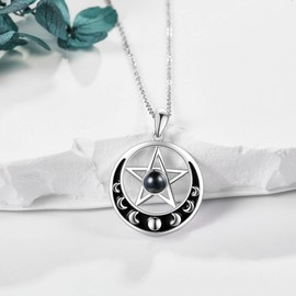 URONE Pentagram Necklace Sterling Silver Crescent Moon Phase Pentacle 100 Languages I Love You Pendant Wiccan Jewellery Gifts for Women Girls