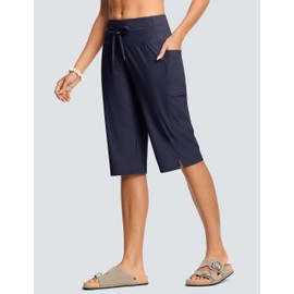 ISEEGZ Women's Swim Capris Pants 15" High Waist Tummy Control Quick Dry UPF 50+ Long Board Shorts with Liner and Pockets Navy L