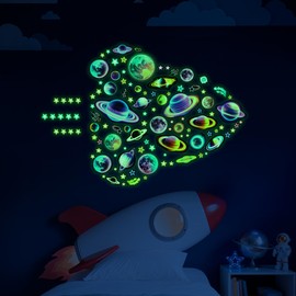 Glow in The Dark Neon Stars and Planets Wall Decals, Fantasy Colorful Space Stars Wall Stickers, Kids Room Space Wall Decor, Ceiling Windows Nursery Living Room Playroom Bedroom Decorations