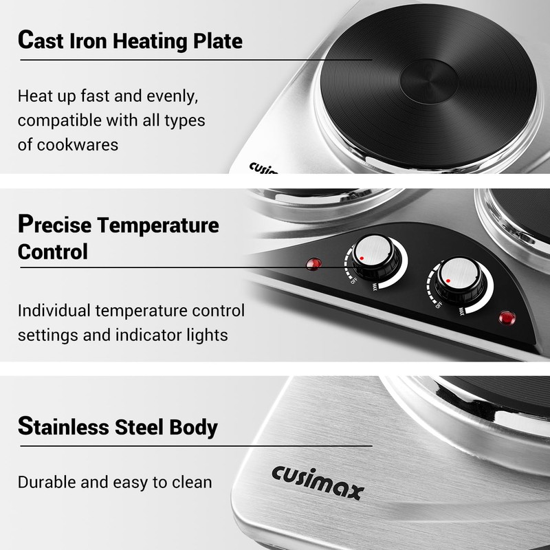 CUSIMAX Double Burners, 1800W Electric Hot Plate for Cooking Double