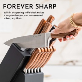 Styled Settings 14-Piece Knife Set with Block & Built-In Sharpener – Ultra-Sharp Full Tang Kitchen Knives – Premium Cooking & Prep Essentials, Copper Handle, Silver Blade & Black Block