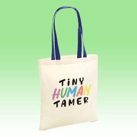 Tiny Human Tamer Tote Bag Cotton Shopper - Novelty Funny Humour Cute School Year Class Teach Pupil Best Star Teacher Inspire Navy Handle Gift Present (Navy Handle Prime)