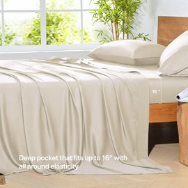 NATUREFIELD 4Pcs Cooling Sheets Set Queen Size Rayon Derived from Bamboo Bed Sheets Soft Breathable 1 Flat Sheet, 1 Fitted Sheet, 2 Pillowcases Beige