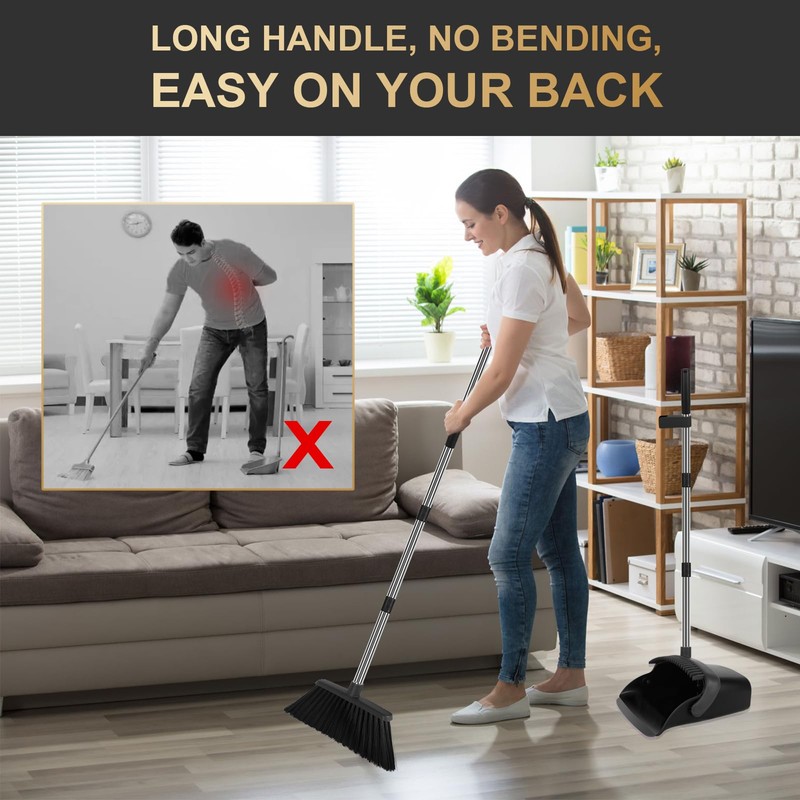 Upgraded Broom and Dustpan Set, Black Large Broom with Dustpan