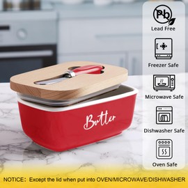 ALELION Red Butter Dish with Lid and Knife for Countertop, Ceramic Butter Container with Beech Wood Lid, Airtight Butter Keeper for Counter, for Red Kitchen Decor and Accessories