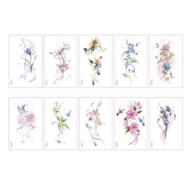 10 Sheets Flowers Temporary Tattoos Colorful Flower Lavender Rose Lily Tulip Blossoms Temporary Tattoos Floral Art Waterproof Floral Tattoos Stickers for Women Girls Body Arm DIY Decor