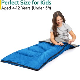 Trail Kids Sleeping Bag, Mini Envelope 200gsm, 2 Season Summer Spring Autumn, Boys, Girls, Outdoor Camping, Lightweight Compression Carry Bag, 160cm x 65cm