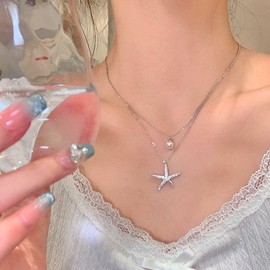 Iaceble Boho Layered Starfish Pendant Necklace Crystal Starfish Choker Necklace Silver Pearl Necklace Chain Silver Cz Starfish Necklace Jewelry for Women