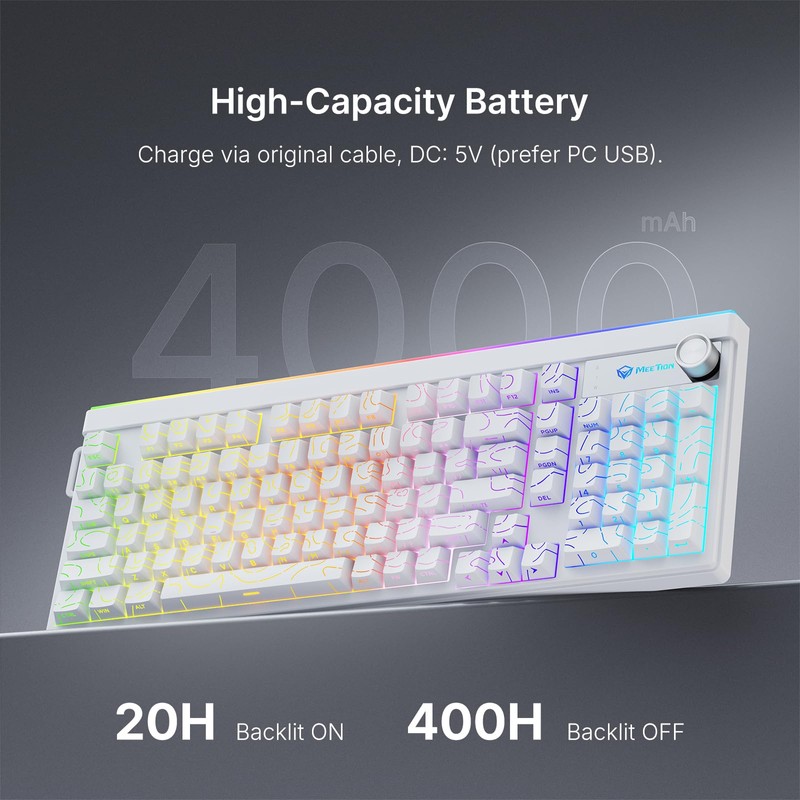 MEETION Wireless Gaming Keyboard, 98-Key Tri-Mode RGB Backlit, White