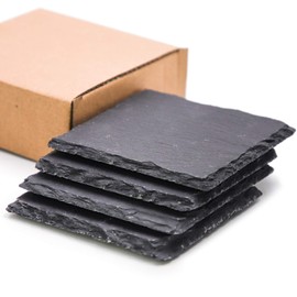 TOSSOW Coasters, Natural Stone, Slate, Handmade Coasters, Heat Resistant, Insulated, Quick Drying, Set of 4, Anti-Slip, Fashionable Tea Cups, Ins Style, Natural Coasters, Antibacterial, Black Square