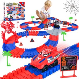 Spider Race Track Toys for Boys, with 2 Electric Spider Car DIY, Flexible Tracks Playset Toys for 3 4 5 6 Year Old Boys,212 PCS Car Tracks for Kids Toddler Boys Age 3-5 4-6 6-8