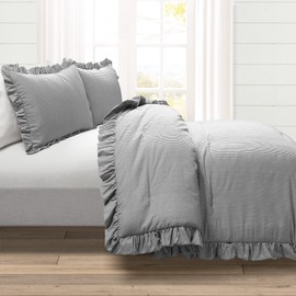 Lush Decor Reyna Stripe Ruffle Soft Reversible Oversized 3 Piece Comforter Set, Full/Queen, Gray & White