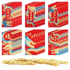 36pcs Chinese Red Envelopes, 2024 Chinese New Year Red Envelopes Dragon Year Red Envelope with Lucky Copper Coins Lucky Money Envelopes for Spring Festival
