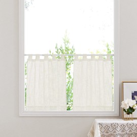 PONY DANCE Country House Style Curtains Living Room Short Curtain Linen Texture Loop Curtain Set of 2 W 60 x H 120 cm Semi-Transparent Panel Curtain, Light Beige