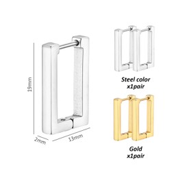 2 Pairs of Women's Earrings, Rectangular Earrings, Hoop Earrings, Stainless Steel Earrings, Fashionable Earrings, Suitable for Birthdays, Parties, Proms, Daily Wear (Steel Color + Gold)