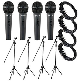 Package 4x Peavey PV7 Dynamic Cardiod Microphones With Cables + 4x Microphone Stands