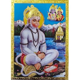 Rastogi Handicraft Best Of Indian Reprint Póster de Dios Hindú con lámina dorada sin marco (Sitting-Hanuman-Ji-7 pulgadas x 5 pulgadas)