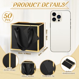 Yeaqee 50 Pcs Mini Metallic Foil Paper Gift Bag with Handle 4x4.75x2.25'' Extra Small Thank You Favor Bag with Tag for Graduation Birthday Party Goodies Wedding Bridal Baby Shower(Black, Gold)