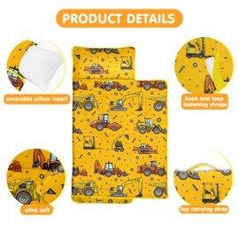 Toddler Nap Mat/Removable Pillow -Yellow Truck- Carry Handle with Straps Closure,Toddler Nap Mat Extra Large 50 in*20 in Boys Sleeping Mat Nap Mat for Preschool Kindergarten, Sleeping Bag