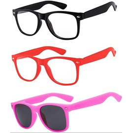 Boolavard 3 Pairs Kids Clear Lens Glasses Protect Child's Eyes from UVB UVA Blocking (Black, Red, Pink)