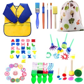 57 Pieces Sponge Painting Brush Stamp Brush Set Children's Early Education Drawing Tools for DIY Crafts Mini Flower Sponge Includes 26 Letters Waterproof Apron Storage Bag