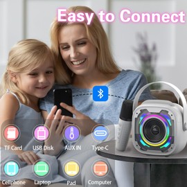 Mini Karaoke Machine for Kids Adults, Portable Bluetooth Speaker with 2 Wireless Karaoke Microphones, Singing Machine Christmas Toys Birthday Gifts for Girls Boys Ages 3 4 5 6 7 8 9 10 11 12+ (White)