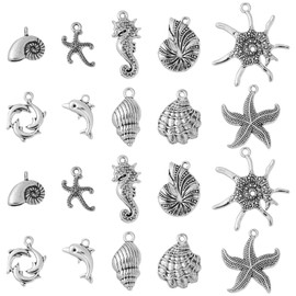 Ornazy 50 pcs 10 Style Summer Beach Charms Tibetan Dolphin Sea Horse Starfish Charms Antique Silver Animal Sea Creatures Charms for Jewellery Making