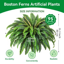 95 Leaves Artificial Ferns Plants for Outdoors, UV Resistant Fake Ferns for Front Porch Decor, Large Hanging Fake Plant for Summer Decor and Garden Decor, Faux Boston Fern Plants Home Decor