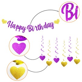 Happy Birthday Banners with 6 Pieces Hanging Swirl Sweet Heart Purple Gold Glitter Bunting Banner For Women Girls Birthday Bunting For Birthday Party Decorations Backdrop
