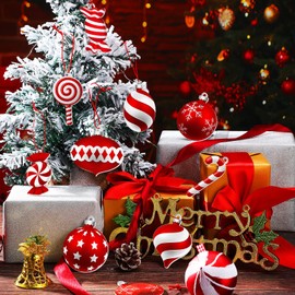 36 Pcs Christmas Candy Hanging Ornaments Wood Christmas Ornament Peppermint Lollipop Candy Cane Decorations Red White Tree Ornaments with Rope for Xmas Tree DIY Craft Party Favors