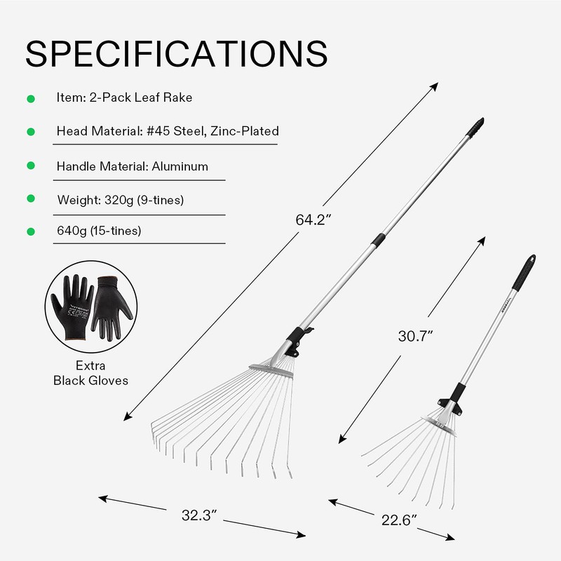 VIVOSUN 2-Piece Leaf Rake Set - Adjustable Garden/Camping Rake with