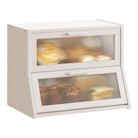 GHWIE Double Layer Bamboo Bread Box for Kitchen Counter,Large Capacity Bread Storage Bin,Bread Container with Acrylic Wavy Door Panel,White