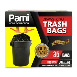 PAMI Large 30-Gallon Drawstring Trash Bags [35-Pack, Black] - Multipurpose Extra-Strong Plastic Garbage Bags- Thick Unscented Trash Can Liners For Kitchen, Bathroom, Lawn, Outdoor Bins- 2ft x2ft