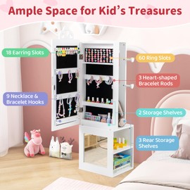 CHARMAID Kids Mirror Jewelry Cabinet - 47" Standing Jewelry Armoire with Full Length Mirror, Coat Rack, Back Storage Shelves, Vanity Dressing Mirror for Girls, Kids Jewelry Organizer (White)