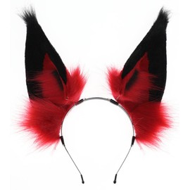 QHQ-SHININGLIFI Furry Red Fox Ears Headband, Handmade Sharp Long Animal Ears, Exquisite Realistic Plush Headwear, for Alastor Devil Costume Cosplay Party Supplies Accessories, Black + Red; SR-R