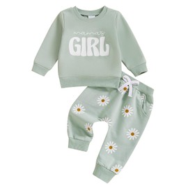 Toddler Baby Girl Fall Winter Outfits 0-3 Years Long Sleeve Letter Print Sweatshirt Pullover Top and Daisy Print Long Pants with Pocket Sets 2Pcs Baby Clothes for Little Girls (Green, 12-18 Months)