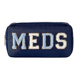 Bolsa MEDS personalizada de felpilla con parche de letras, bonita bolsa de nailon para medicamentos para medicamentos y maquillaje con cremallera, bolsa organizadora de vitaminas de preparación para mujeres y niñas (04 azul marino)
