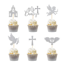 Arthsdite 24Pcs Spanish Mi Bautizo Cupcake Toppers with Cross Angel Dove Church Grail Baptism Cupcake Picks for Religious God Bless Theme Baby Shower Birthday Party Supplies - Silver Glitter
