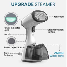 Steamer for Clothes, Kolohoso 1500W Fast Heat Up Handheld Garment Steamer, Portable Travel Clothing Fabric Steamer with Upgraded Nozzle and 260ml Water Tank (Grey)