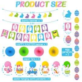Easter Decorations Set, Pre-strung Happy Easter Decorations Includes Happy Easter Banner Bunny Egg Garland Paper Fans Hanging Swirls Easter Decor for Home Office Classroom Spring Easter Party Supplies