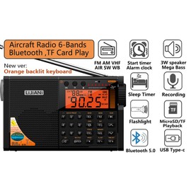 New VER Shortwave Radio AIR/VHF/AM/FM/Weather 6-Bands with Bluetooth/TF Card,2W Flashlight,Reading Lamp,Keyboard Backlight, Digital Recording, Alarm Clock,Powered by AA & LI Battery,Type-C/ANT Jack