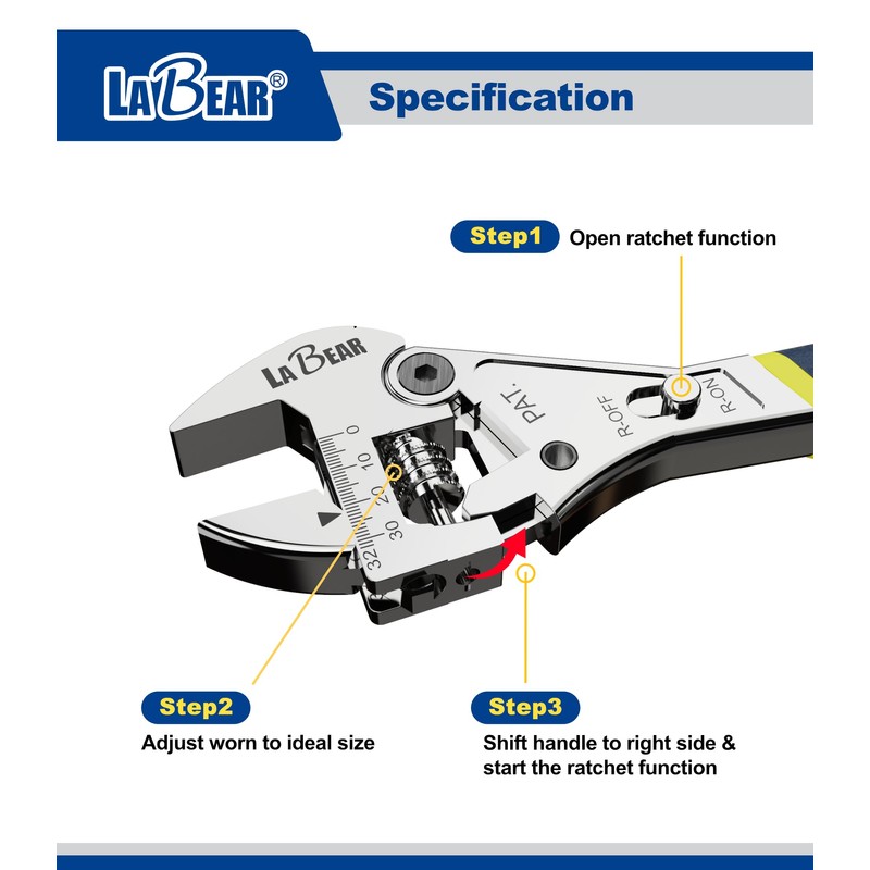 LABEAR- 8 Inch long x 1inch(25mm) Adjustable Ratchet Wrench