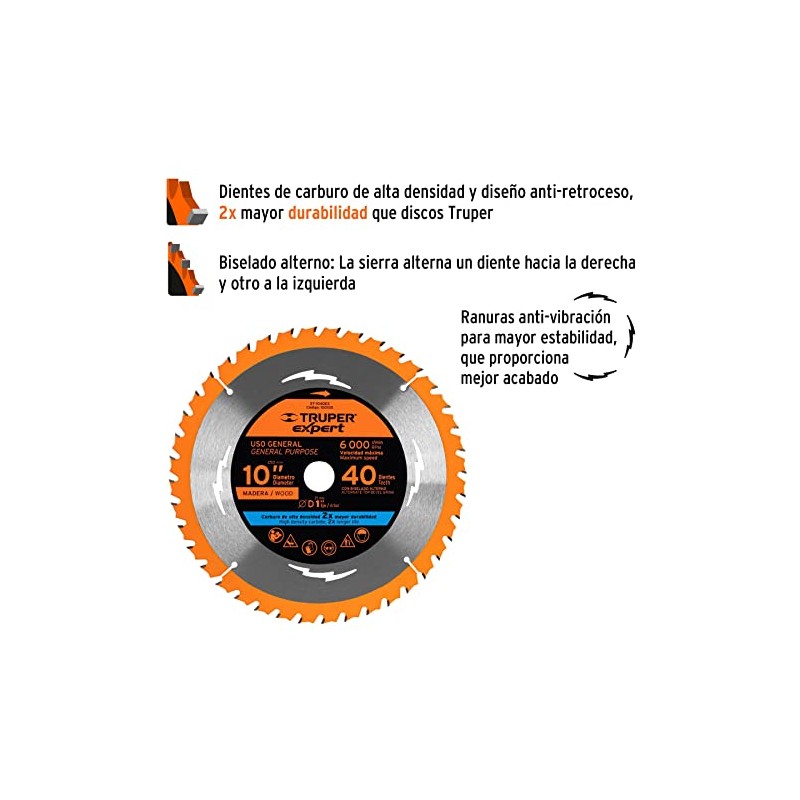 Truper Expert ST-1040EX, Disco sierra 10" para madera 40 dientes