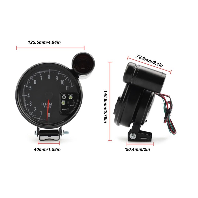 Headerbs Car Pointer Tachometer 12V 5" LED Switch Light 7