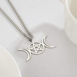 TEAMER Stainless Steel Triple Moon Goddess Amulet Wicca Pentagram Necklace for Women Men Pagan Jewelry (Silver-Type A)