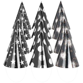 com-four® 12 x Party Hats, Black Cone Hats in Metallic Colours, Shiny New Year's Eve Hats, Headpiece for Theme Parties, New Year's Eve Parties or Birthdays (Party Hats 12x)