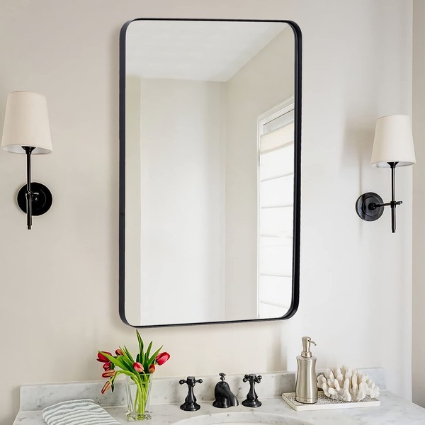 ANDY STAR Wall Mirror for Bathroom, 24x36 Inch Black Bathroom Mirror, Stainless Steel Metal Frame with Rounded Corner, Rectangle Glass Panel Wall Mounted Mirror Decorative for Bathroom